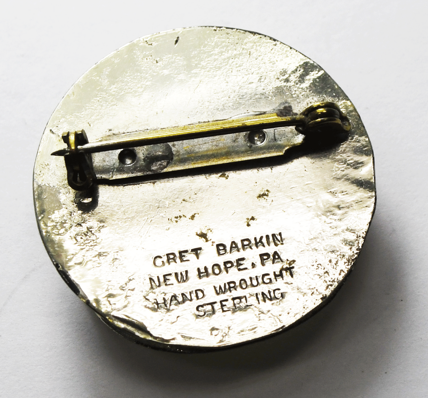 Sterling Silver Gret Barkin Handwrought Round Scroll Brooch Pin 32mm