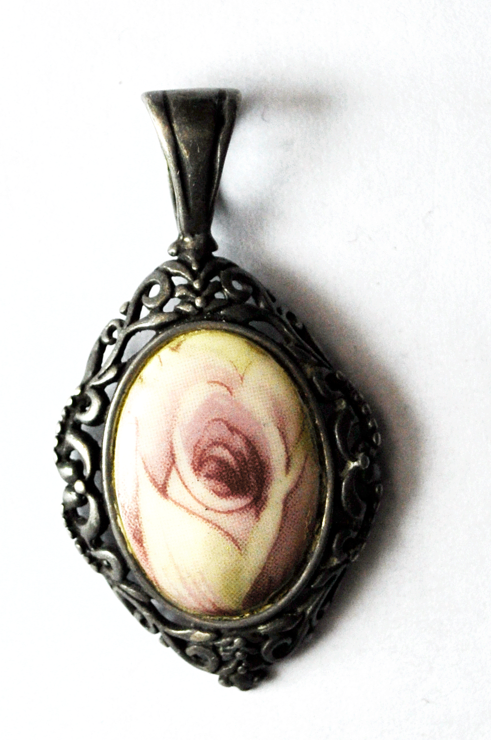 Sterling Silver Pink Rose Print Oval Filigree Pendant 1.5"