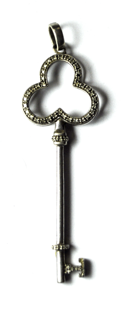 Sterling Silver JWBR Diamond 3 Leaf Clover Key Pendant 2-1/2" x 20mm    5.2g