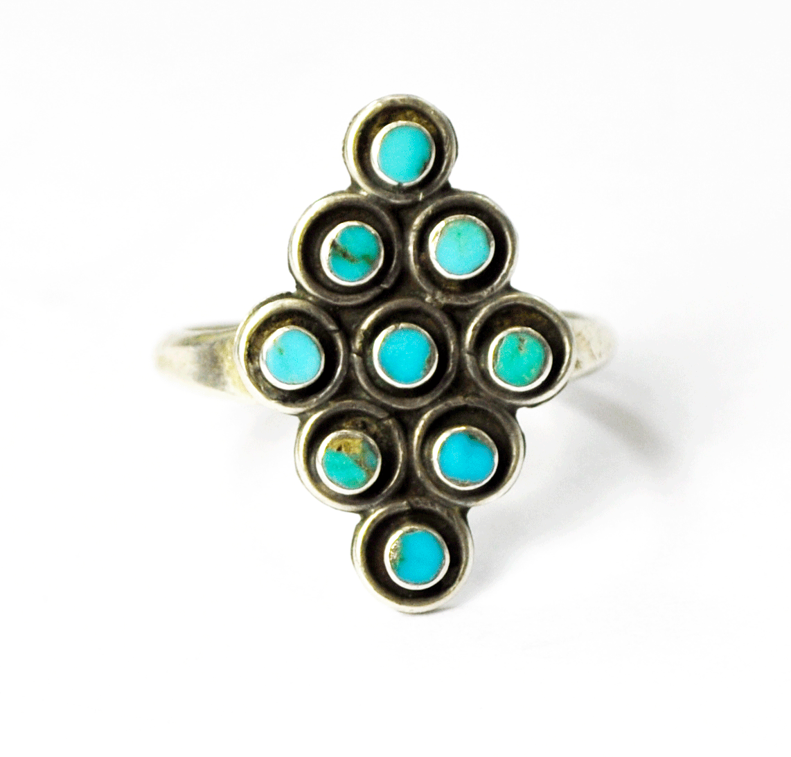 Vintage Handcrafted Sterling Round Dot 9 Tiered Turquoise Ring 21mm Size 6