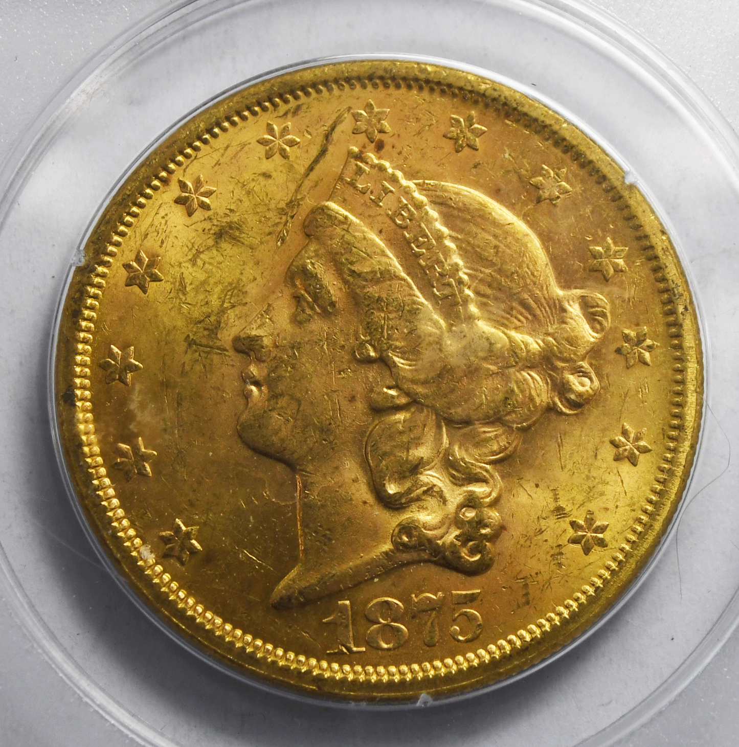1875 S $20 Liberty Head Double Eagle PCGS MS60 Uncirculated OGH Rattler