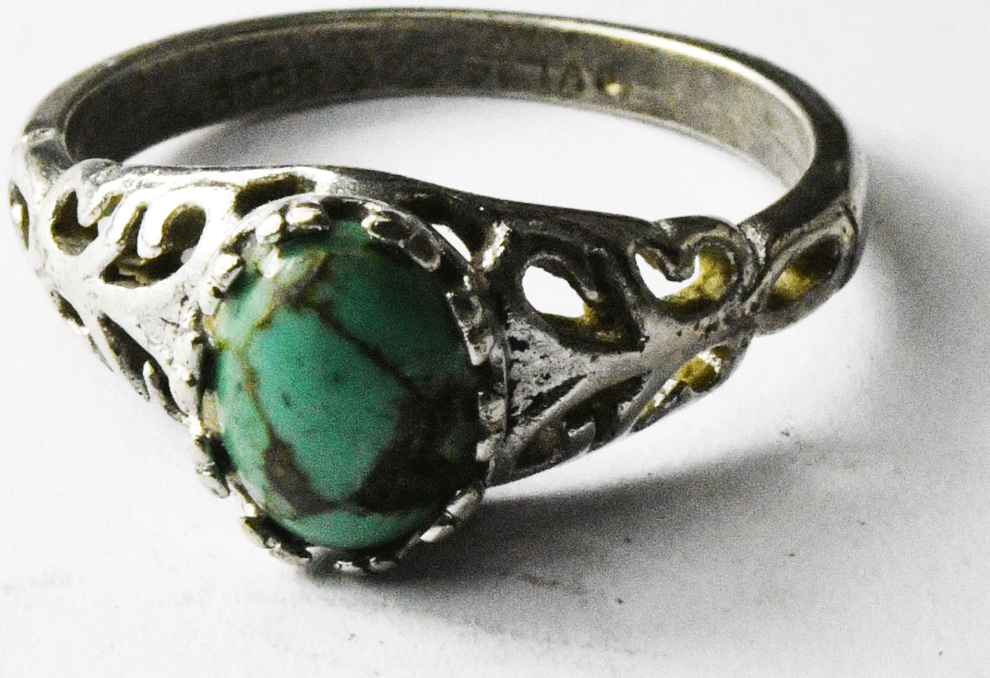 Sterling Silver Seta Green Oval Turquoise Filigree Ring 9mm Size 8