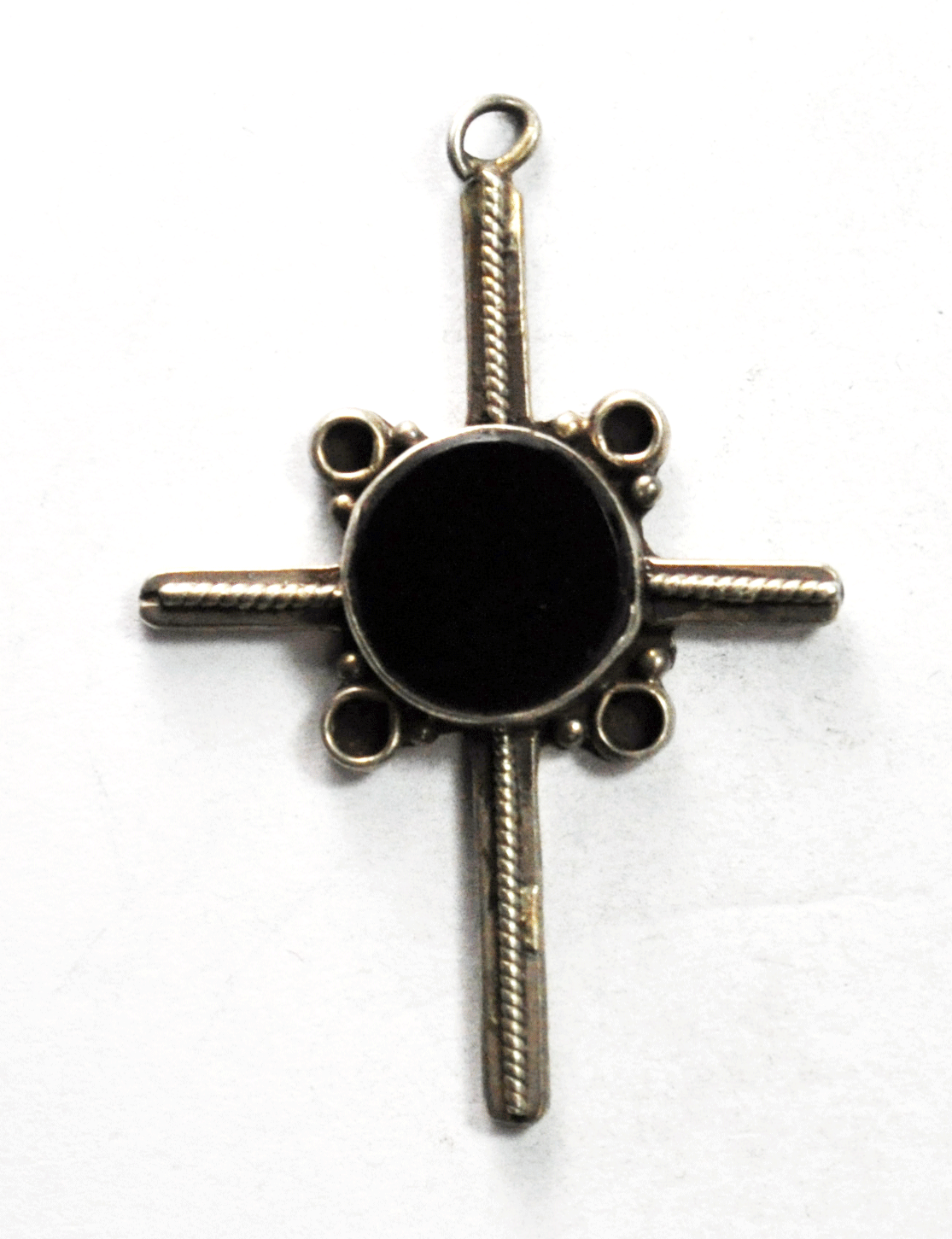 Sterling Silver Round Black Onyx Cross Pendant 47mm x 32mm