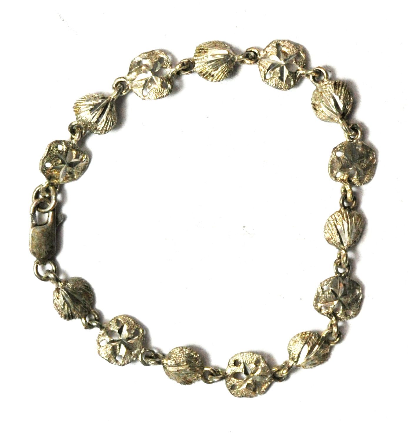 Sterling Silver Diamond Cut Sand Dollar Seashell 8mm Bracelet 6-3/4"" 5.7g