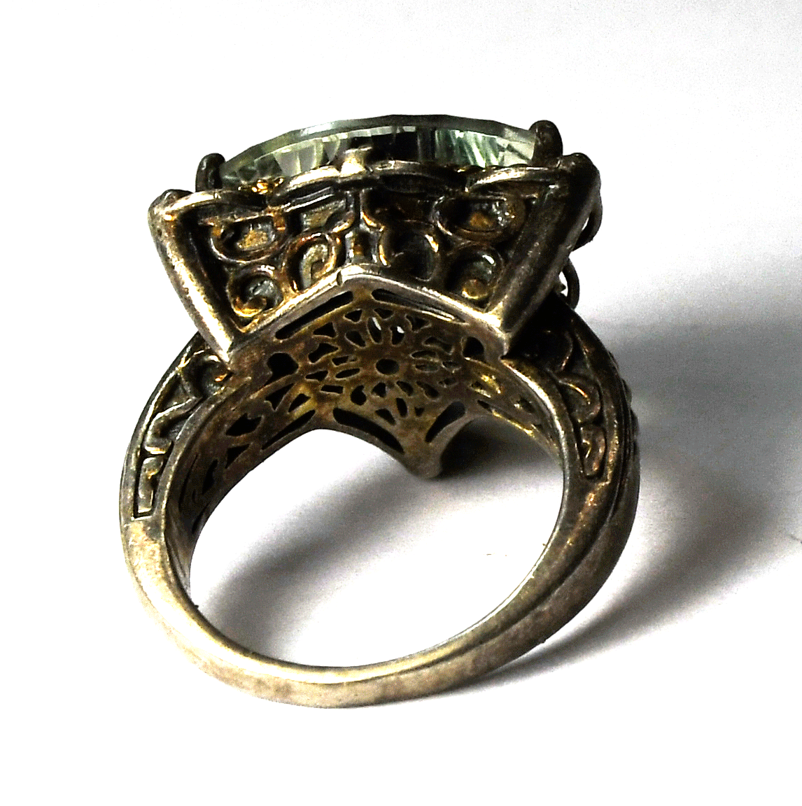 Sterling Silver Signed OM 14k Prasiolite Triangle Ring 18mm Size 6