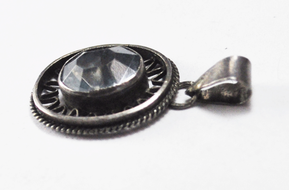 .835 Silver Oval Blue Topaz Pendant Rays Zigzag Halo 27mm x 16mm Pendant