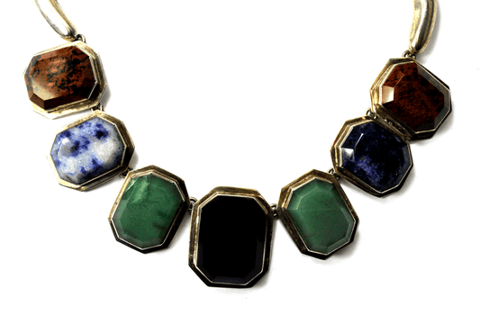 Sterling Silver Mexico TA-43 Heavy 35mm Onyx Jade Obsidian Sodalite Necklace 16"