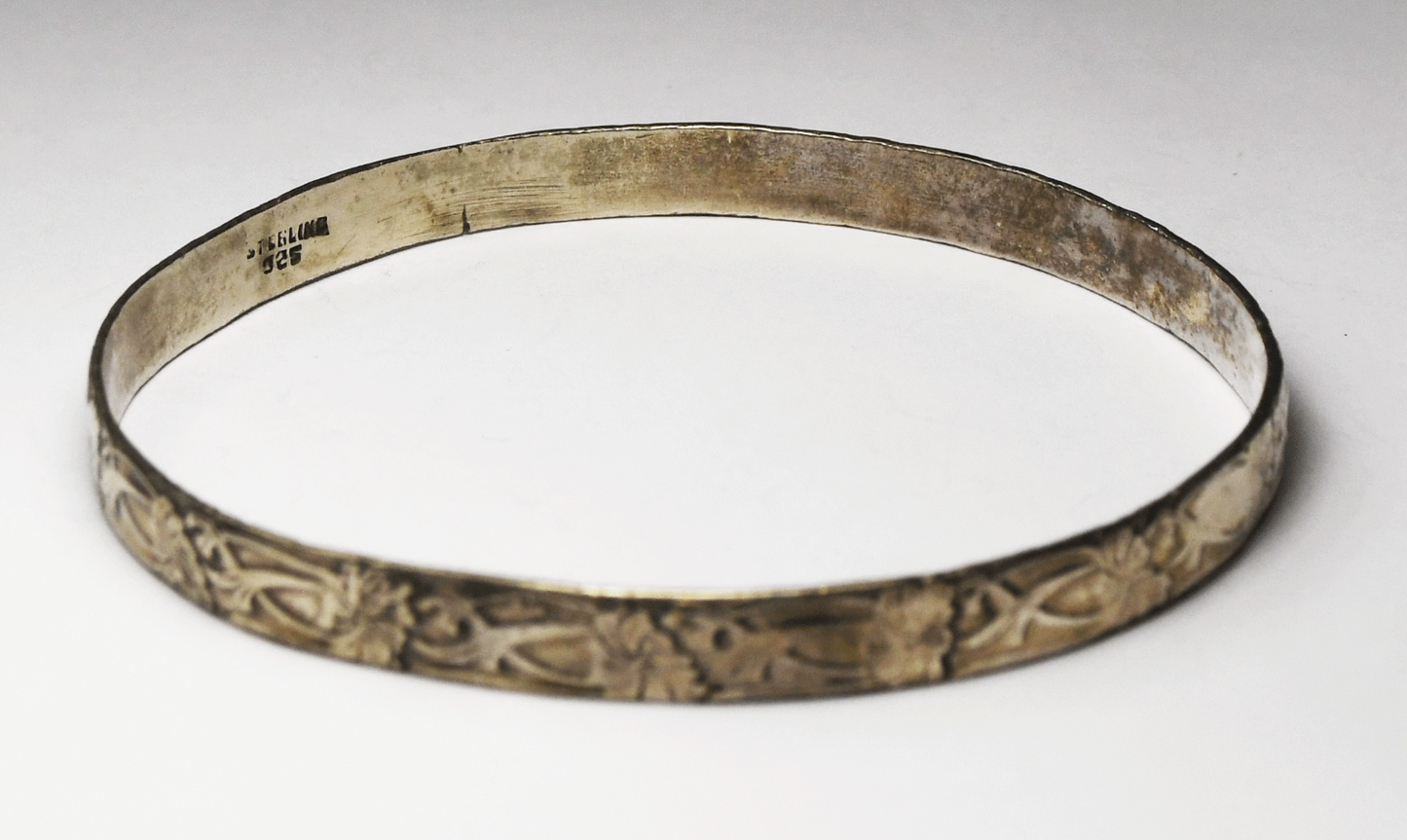 Sterling Silver Floral Vine Leaf Large Bangle Bracelet 6mm