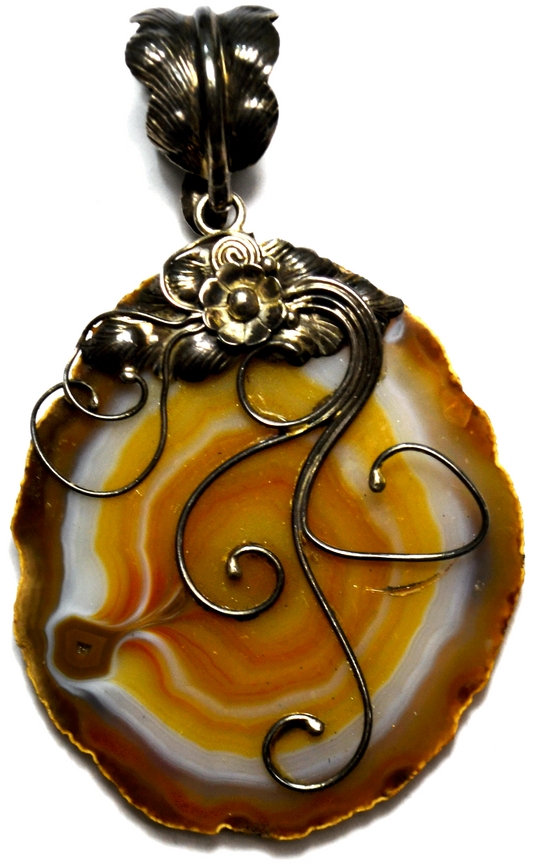 Sterling Silver Large Floral Bale Orange Agate Slice Pendant 3-3/4" x 60mm