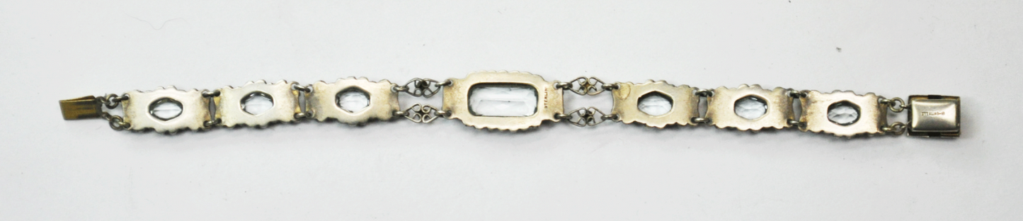 Vintage Sterling Silver Blue Topaz Ornate Link Bracelet 13mm 7.25" Gold Wash