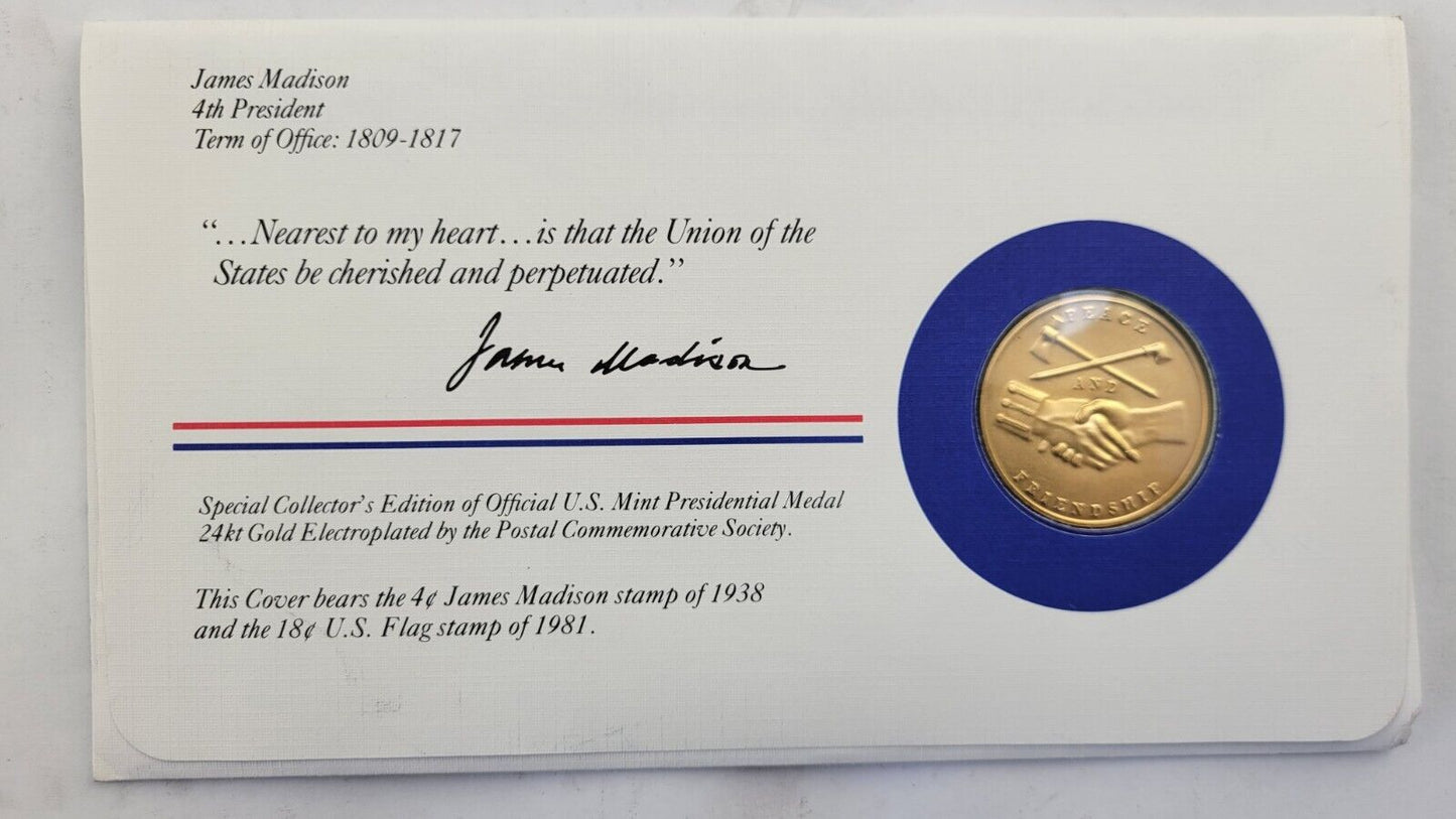James Madison Presidential Covers Medal Postal Commemorative Society Gold Plated
