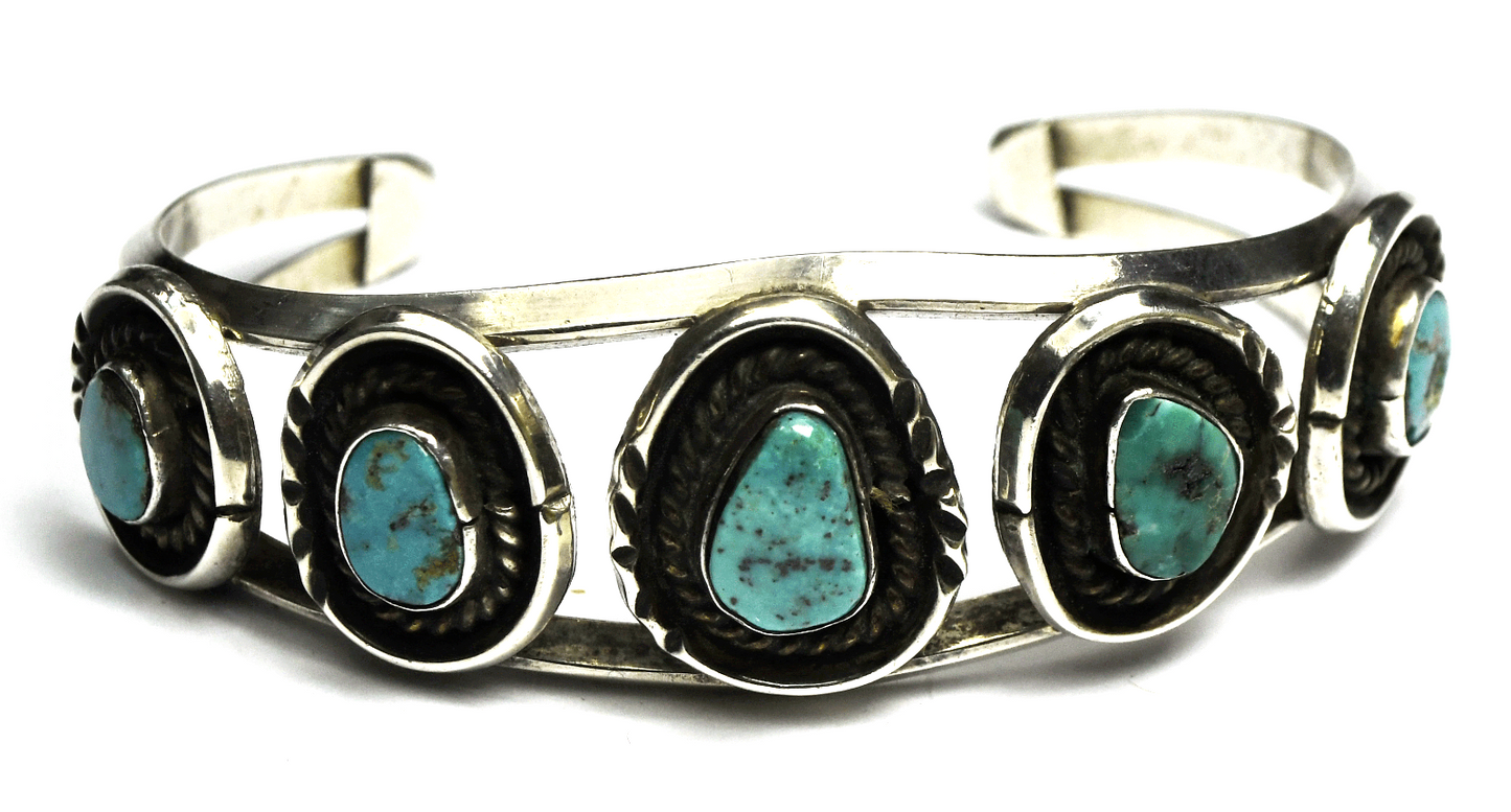 Sterling Signed BJ Five Turquoise Split Cuff Bracelet 21mm 6-3/4" Wrist