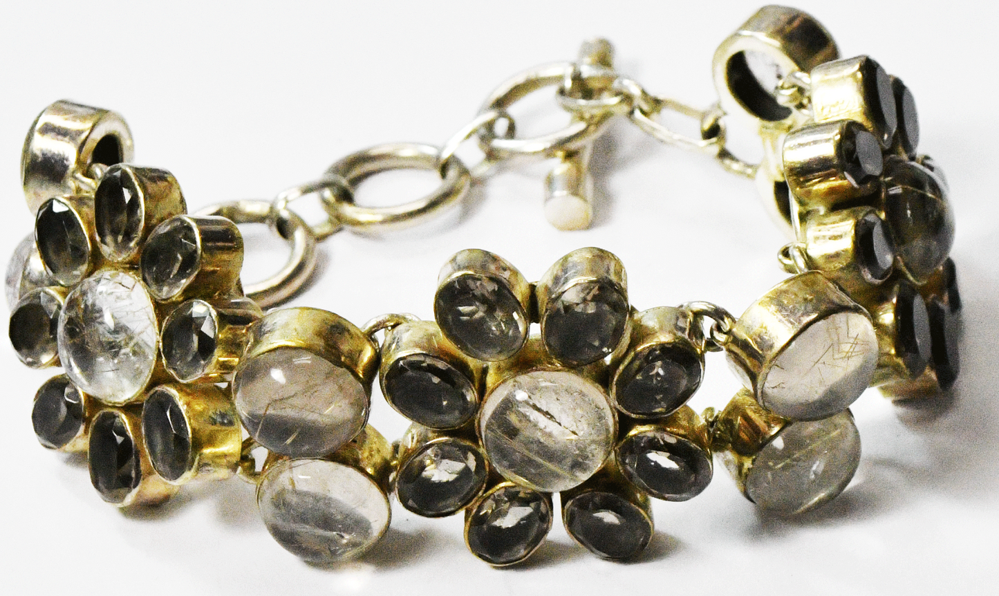 Sterling Silver Rutilated Quartz Flower Cluster Toggle Bracelet 28mm 8-1/2"