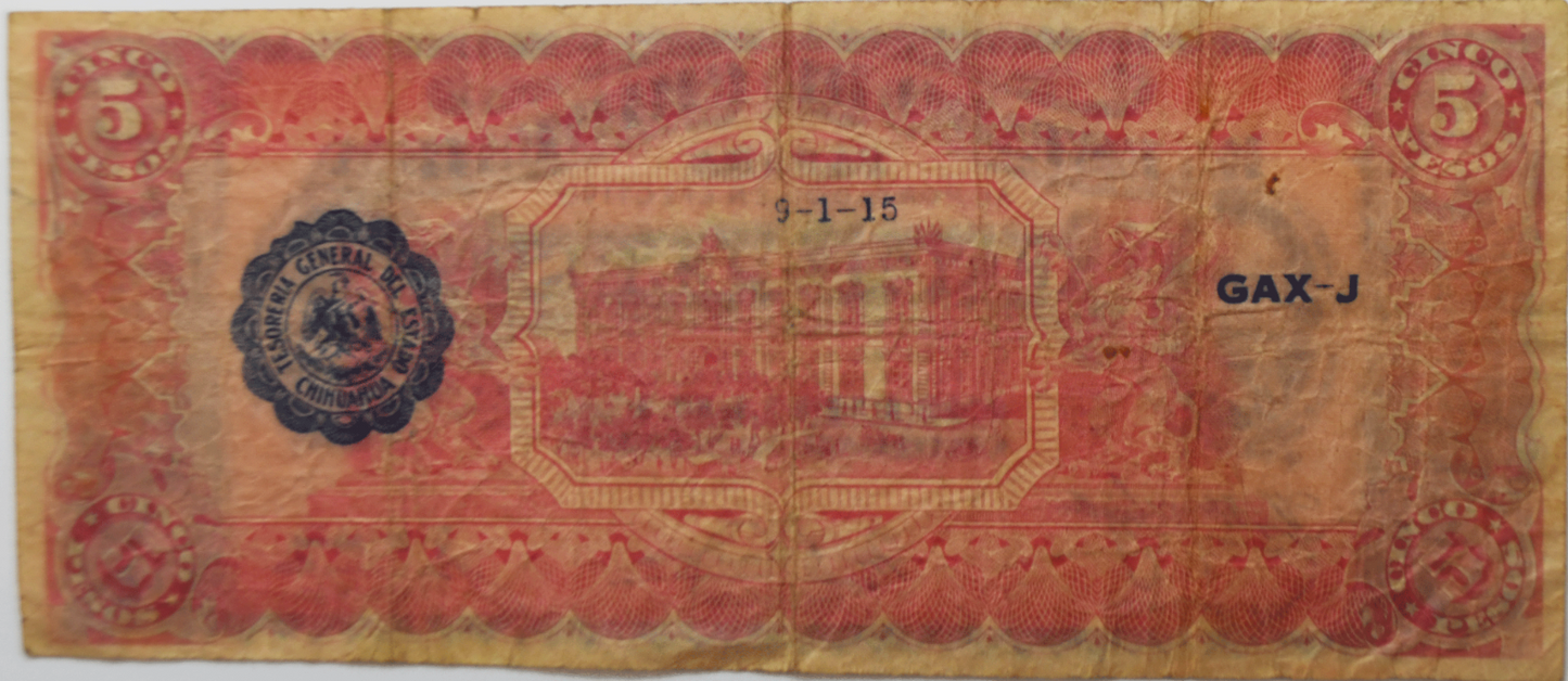 1915 Mexico Chihuahua Five Peso Pink Large Note 1449041