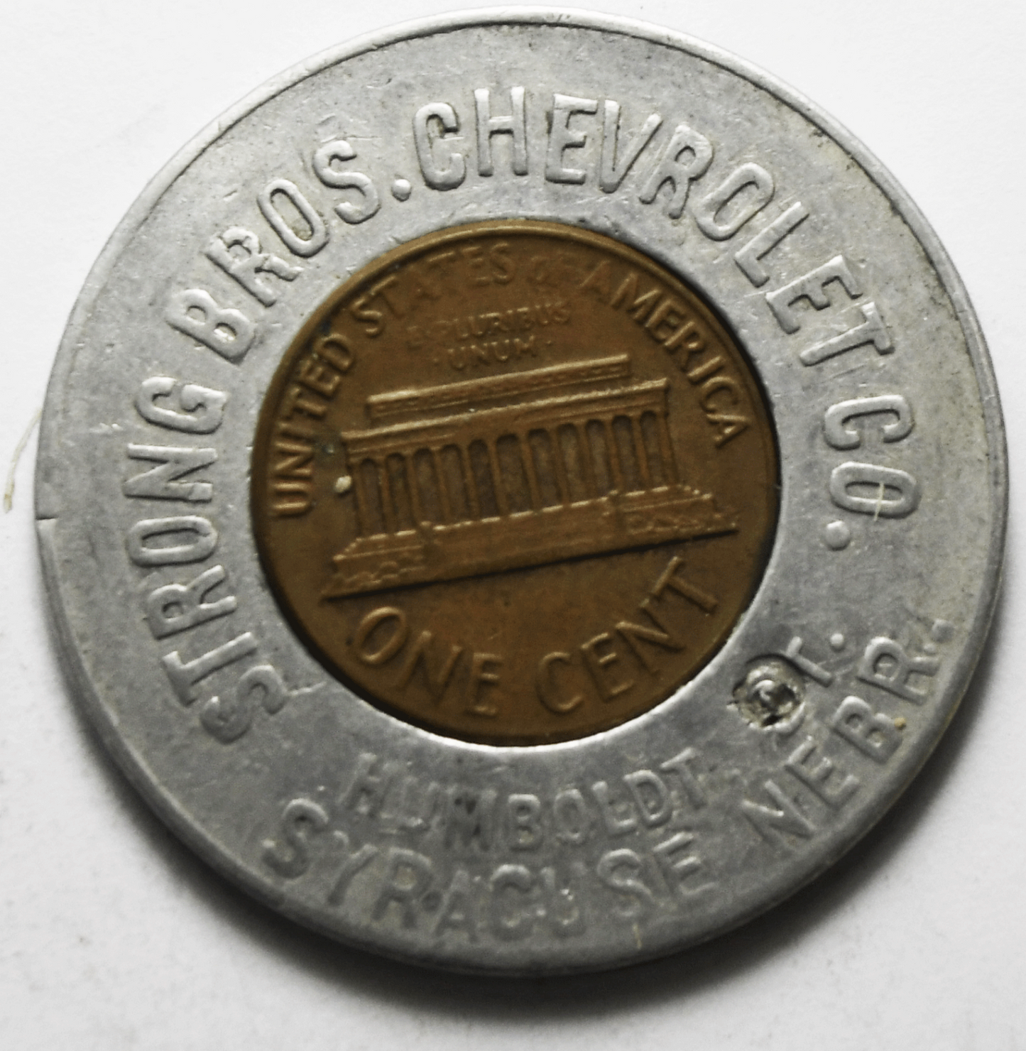 1971 D Memorial Cent 1c Encased Penny Strong Chevrolet Syracuse Nebraska