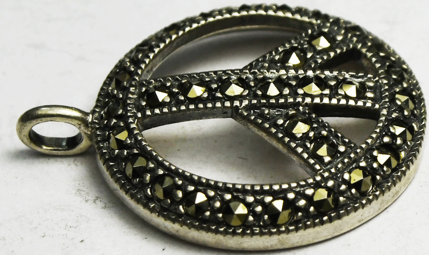 Sterling Silver SMJ Peace Sign Round Marcasite Pendant 25mm x 20mm