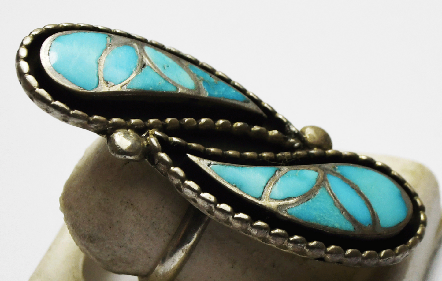 Sterling Willis Susie Leekity Turquoise Inlay Elongated Ring 43mm Size 6