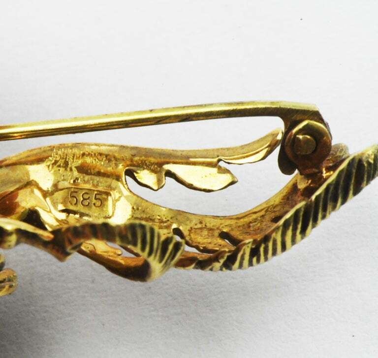 Vintage German 14kt Yellow Gold Enameled Bird of Paradise Pin Brooch