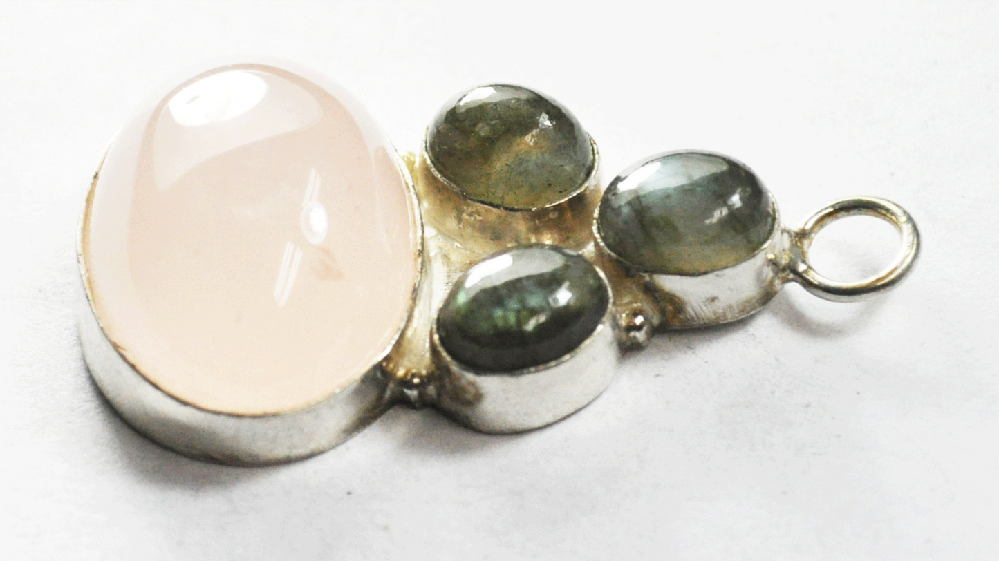 Sterling Silver Oval Labradorite & Pink Quartz Pendant 48mm x 26mm