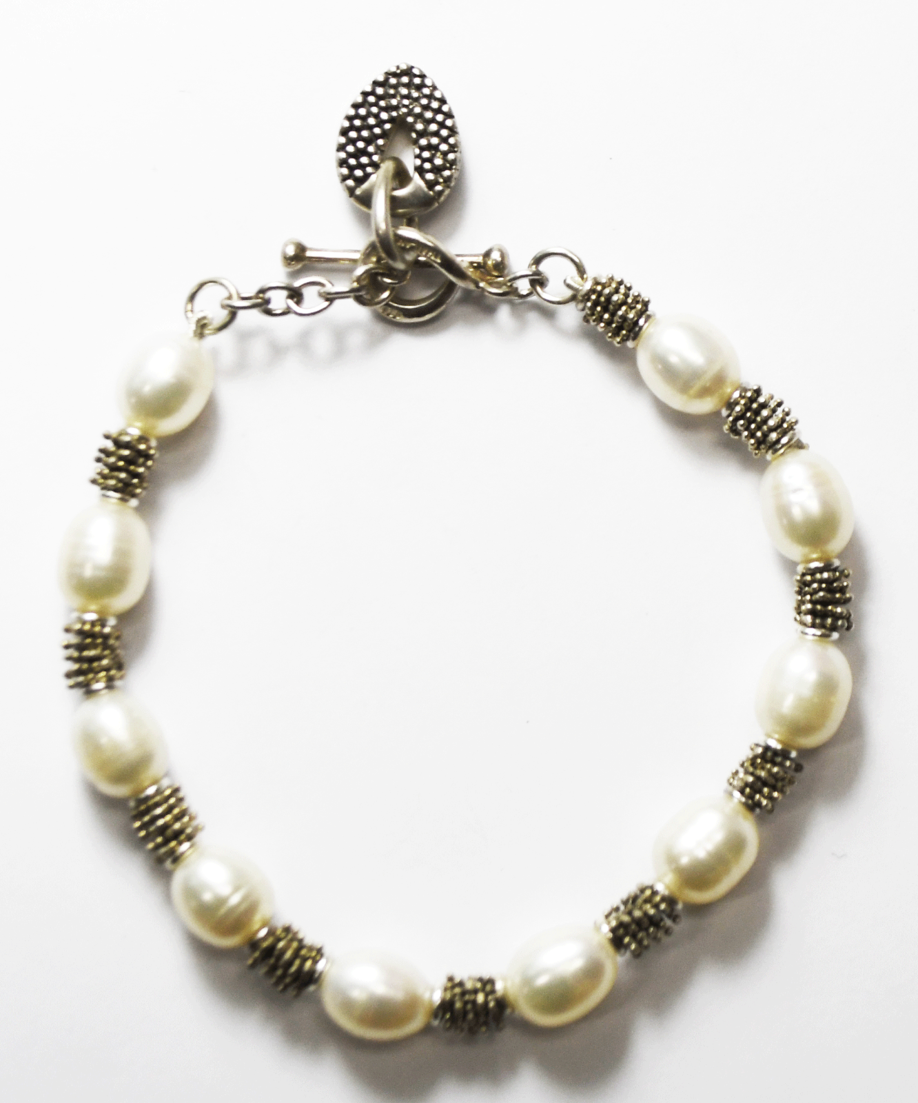 Sterling Silver Oval Pearl Beaded Toggle Bracelet Teardrop Ring 8mm 8.25" 22g