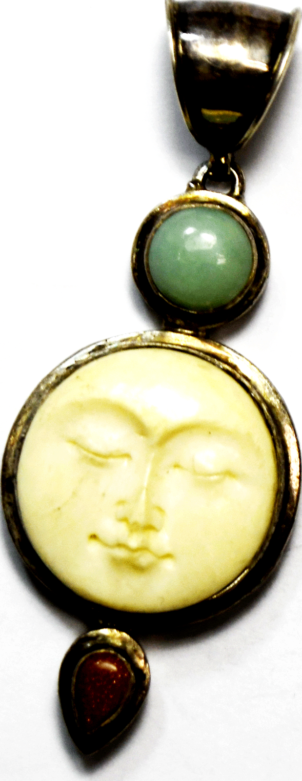 Sterling Silver Moon Face Gold Stone Chrysoprase Pendant 3" x 29mm