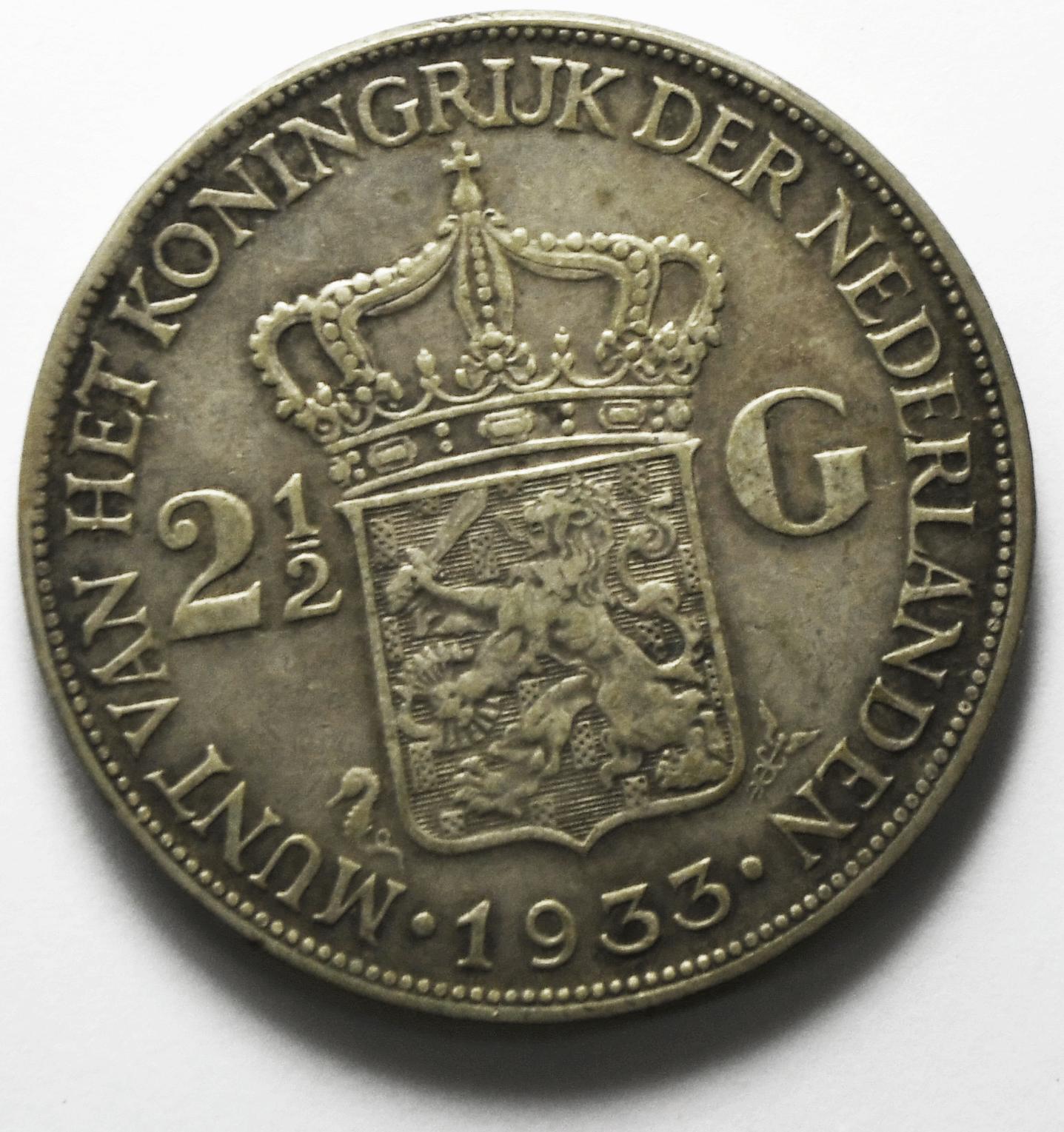 1933 Netherlands 2-1/2 Gulden Silver Coin KM# 165