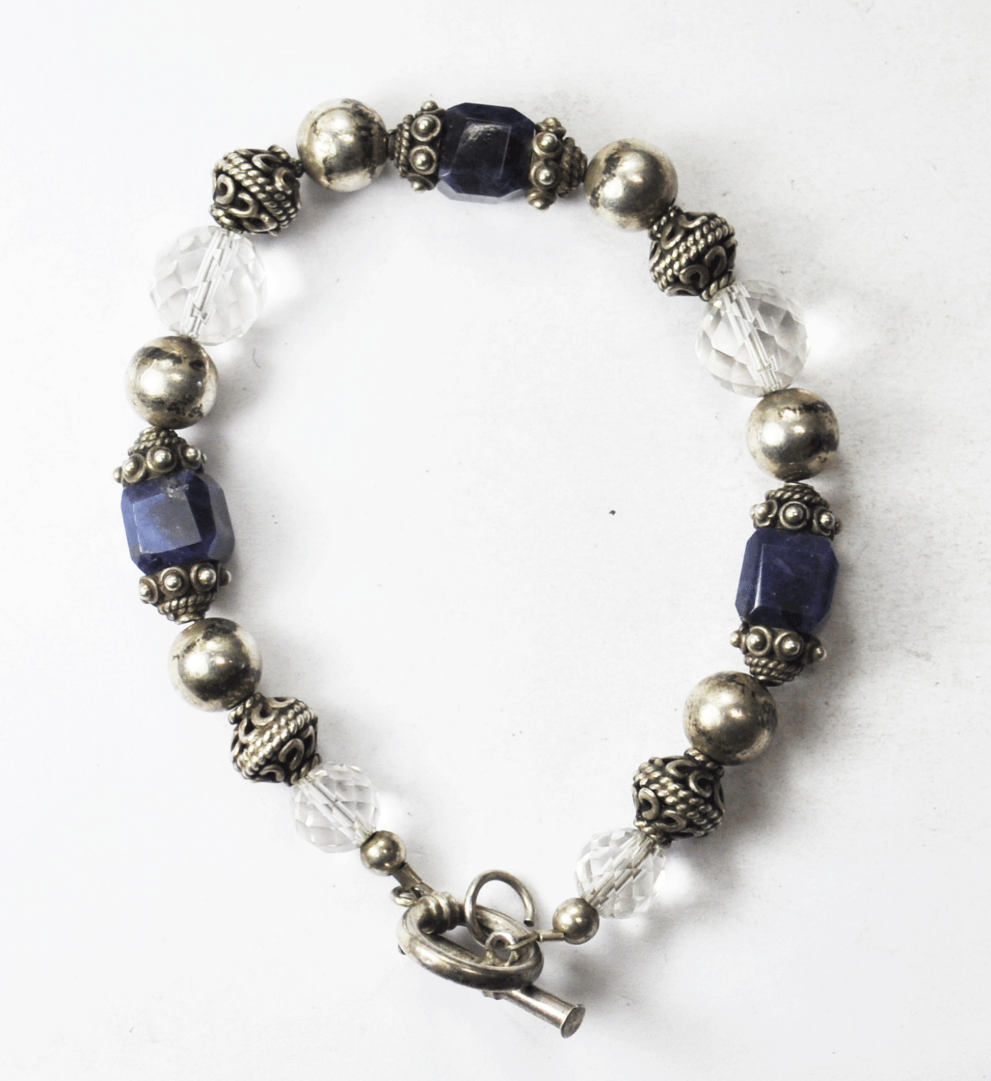 Silver Plated Blue Clear Bead Toggle Bracelet 8mm 7.5"