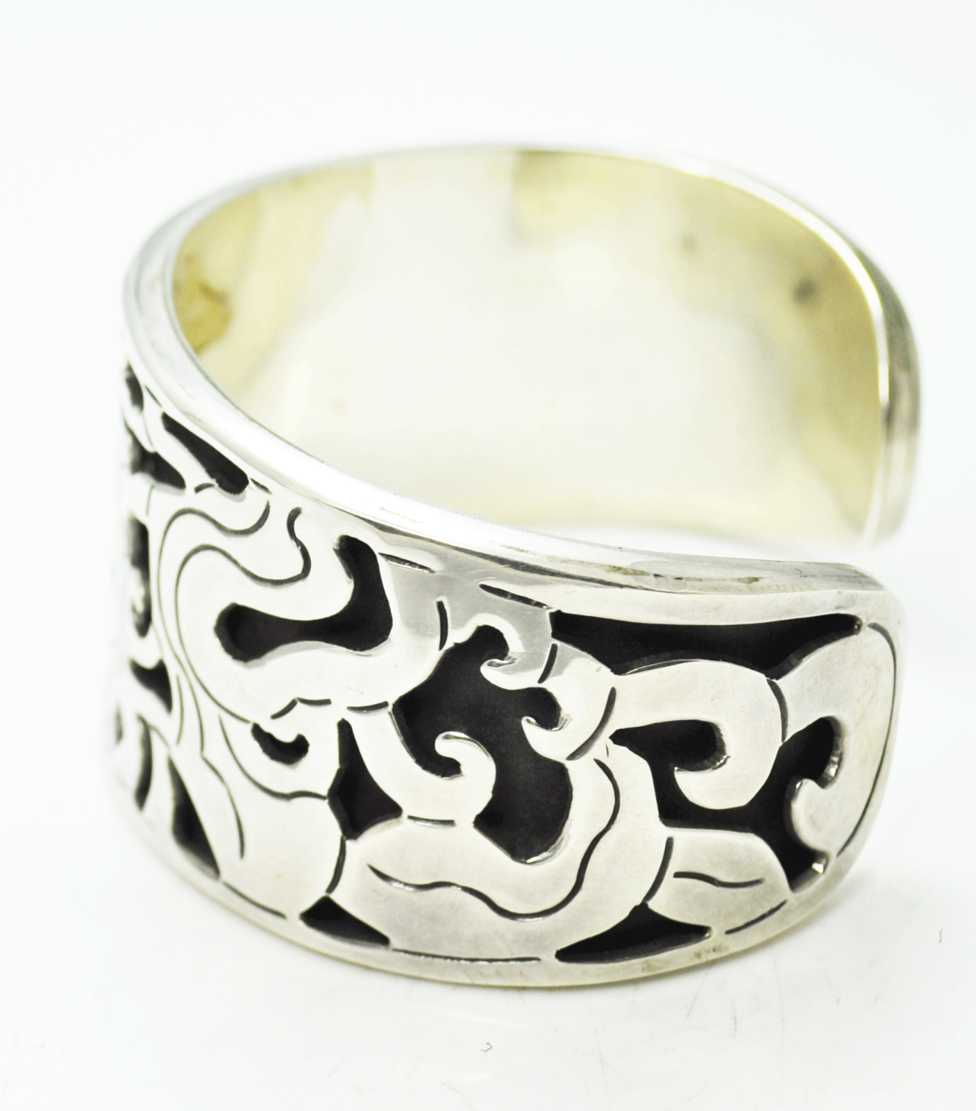 Mexico Sterling Silver Panel Story Bust Sun Face Cuff Bracelet 38mm 7-1/8"