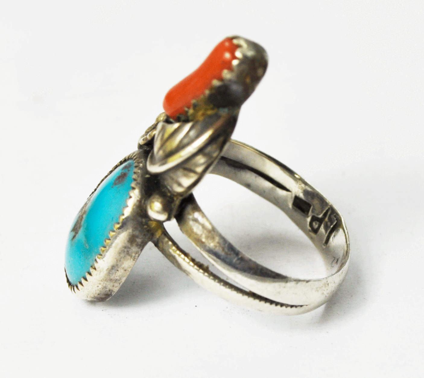 Sterling Turquoise & Coral Floral Handcrafted Flower Rings 29mm LP= Size 5.5