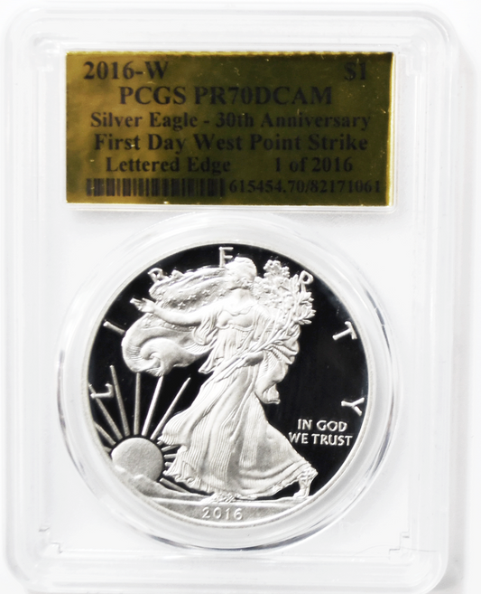 2016 W $1 American Silver Eagle Lettered Edge PCGS PR70 FD West Point Gold Label