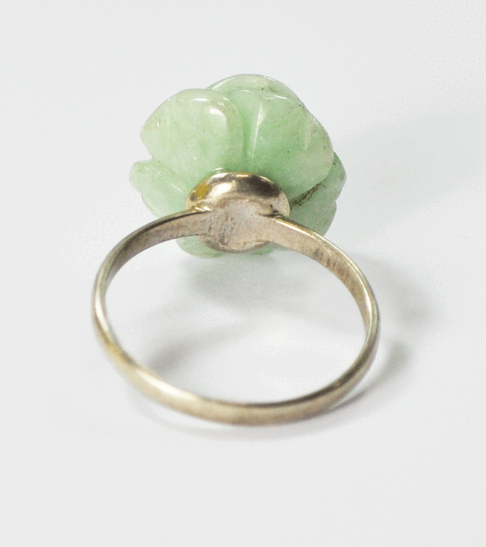 Sterling Silver Gil HK Carved Green Jade Flower Solitaire Ring 16mm Size 9.5