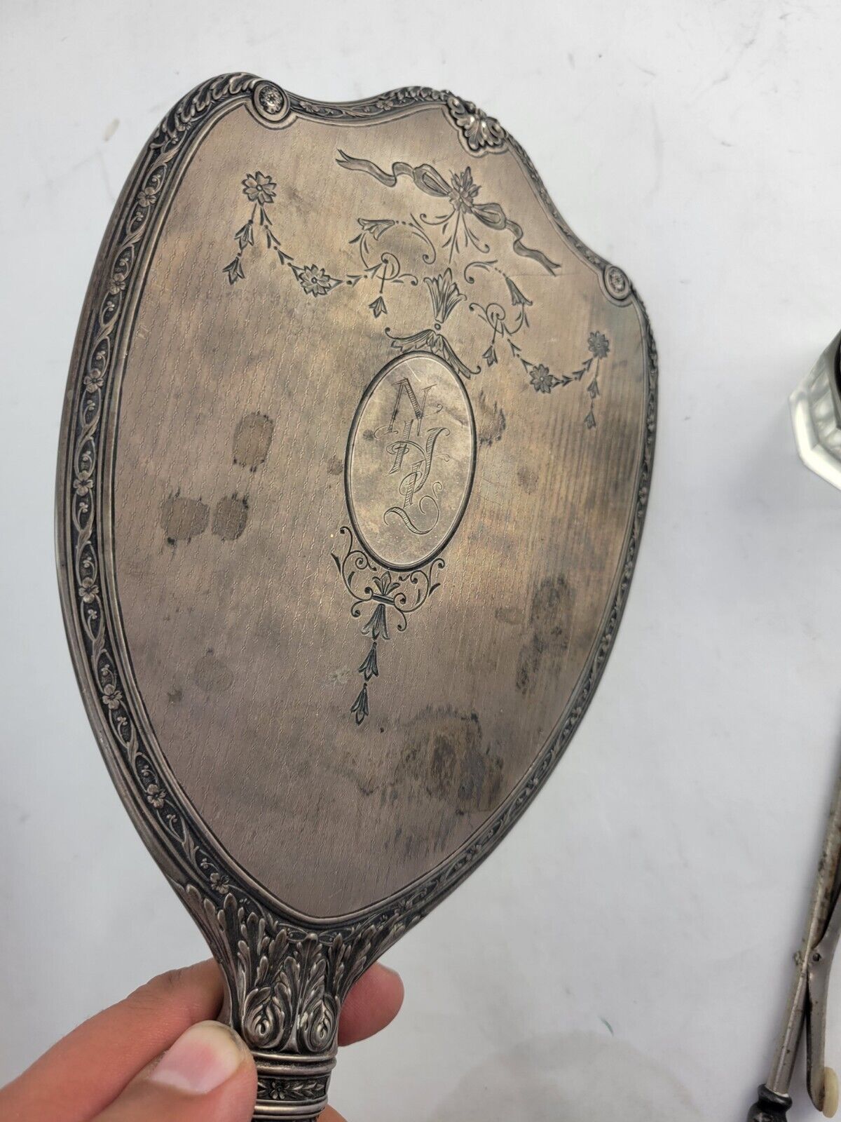 Victorian Sterling Repousse 5 Piece Vanity Set Mirror scissors Nail Buffer