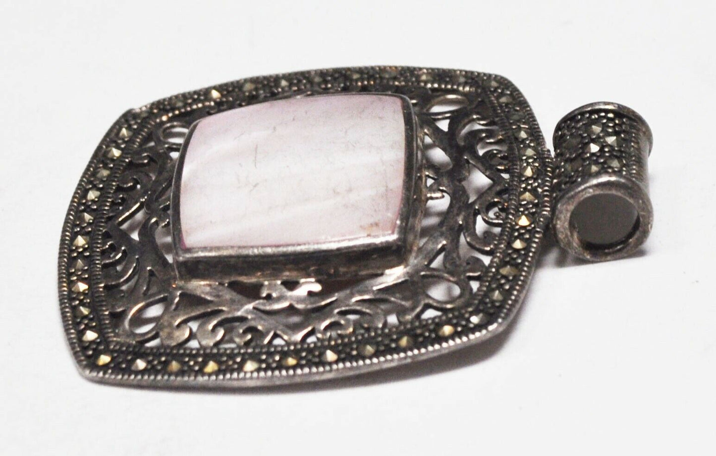 Sterling Silver CFJ Large Square Filigree Marcasite MOP Slider Pendant 49x59mm