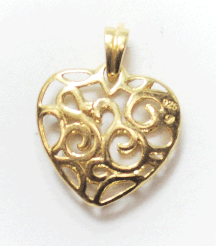 Sterling Silver Gold Tone Filigree Heart Pendant 22mm x 18mm x 5mm