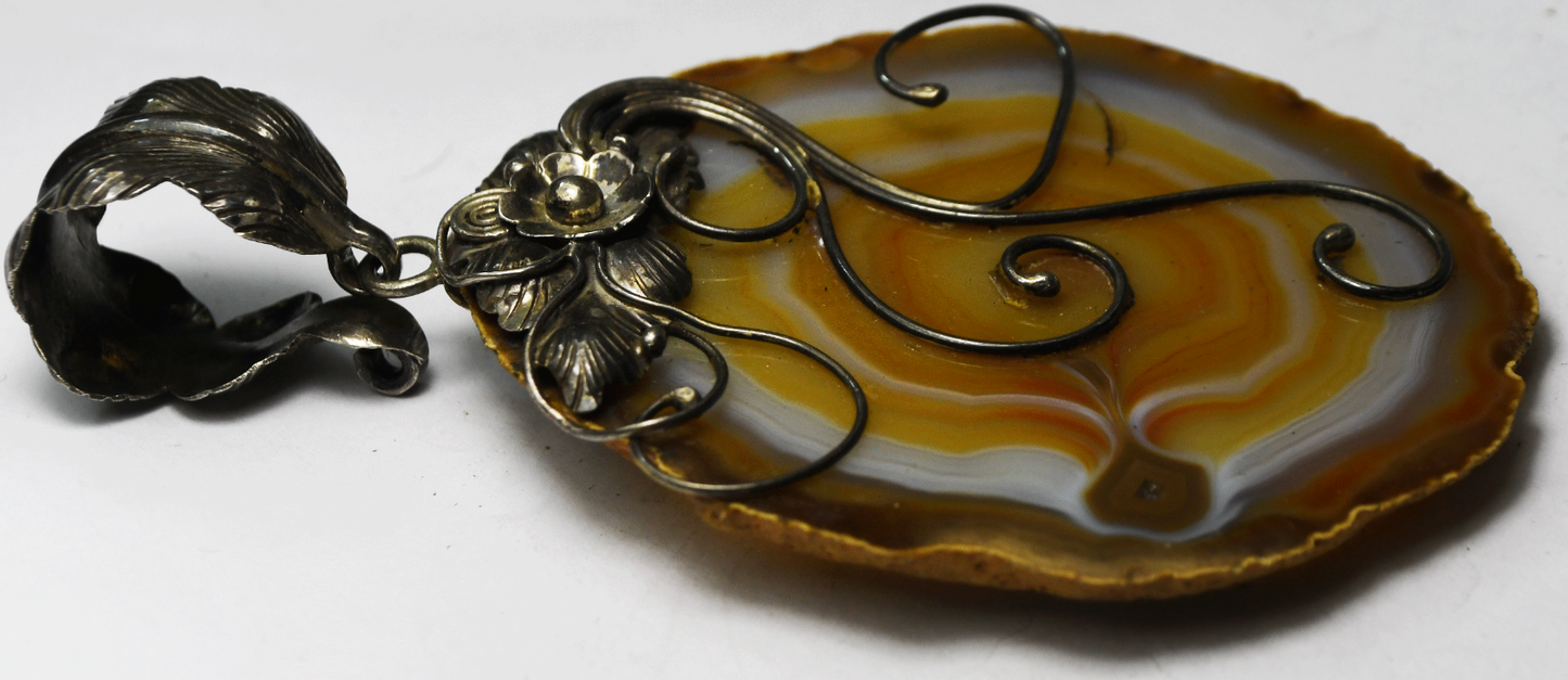 Sterling Silver Large Floral Bale Orange Agate Slice Pendant 3-3/4" x 60mm