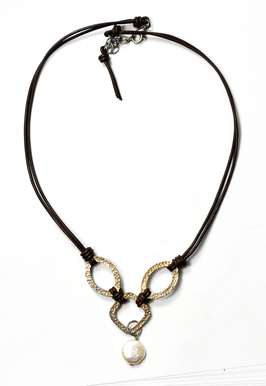 Sterling Silver Hammered Copper Color Hoop MOP Dangle 17" Brown Leather Necklace