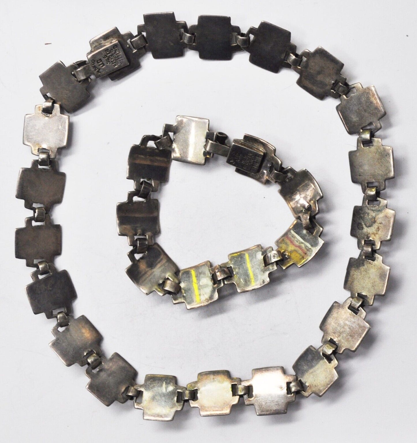 Sterling Silver Taxco JC Abalone Stripe 7" Bracelet & 15.5" Necklace 15mm