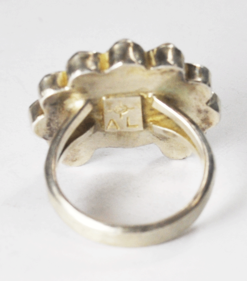 Sterling AL Zuni Sunface Stamp Inlay Ring Headdress 22mm Size 5-3/4