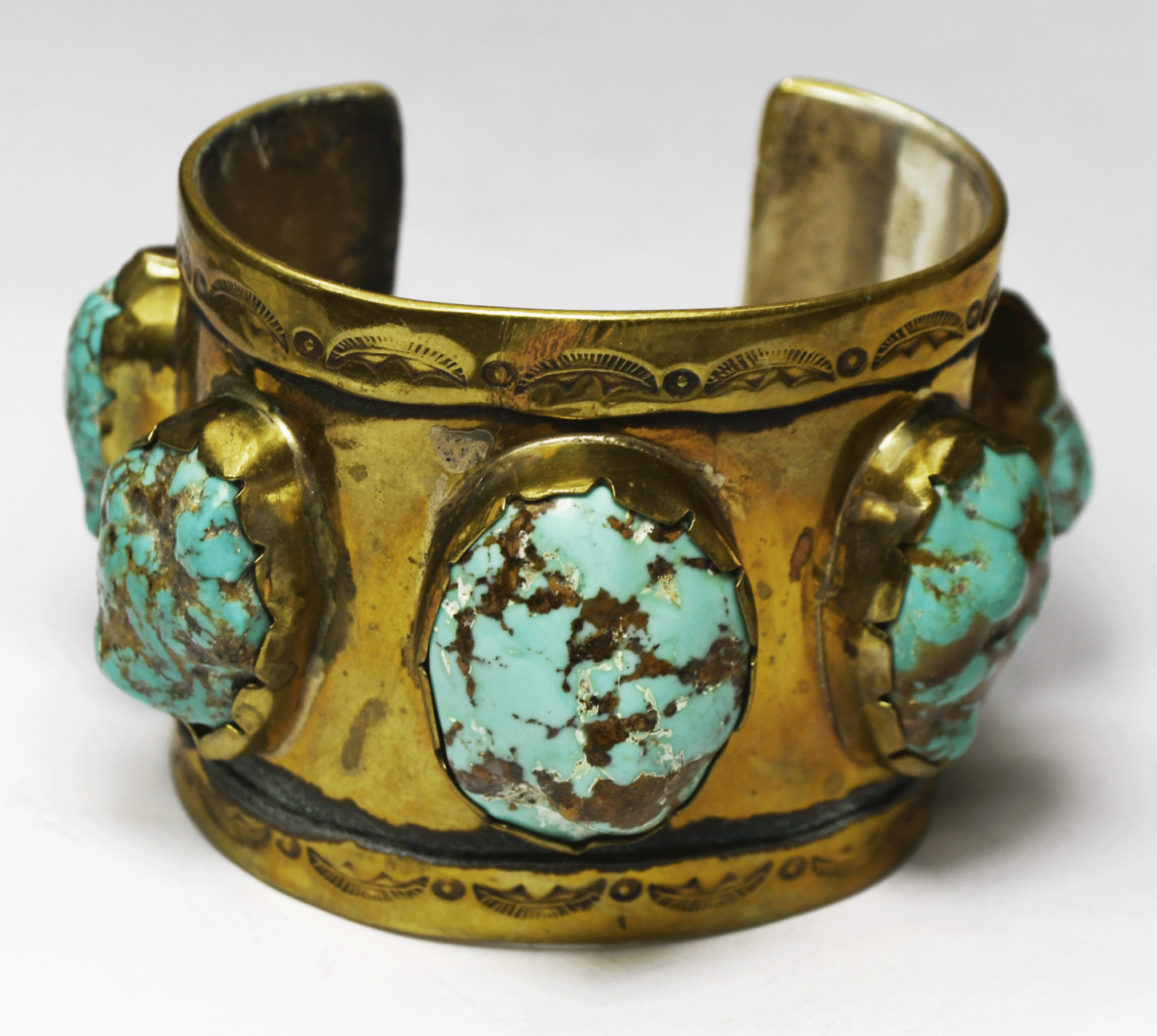 Sterling RA Gilt Brass Turquoise Chunk 51mm Wide Cuff Bracelet 51mm 6-1/4" Wrist
