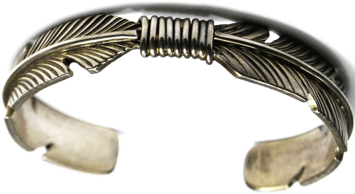 Sterling Silver J Nelson Feather Cuff Bracelet 7" Wrist 12mm