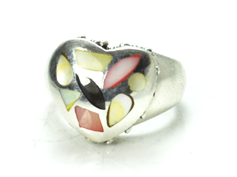 Sterling Yellow Pink White Mother of Pearl MOP Inlay Heart Ring 16mm Size 8-3/4