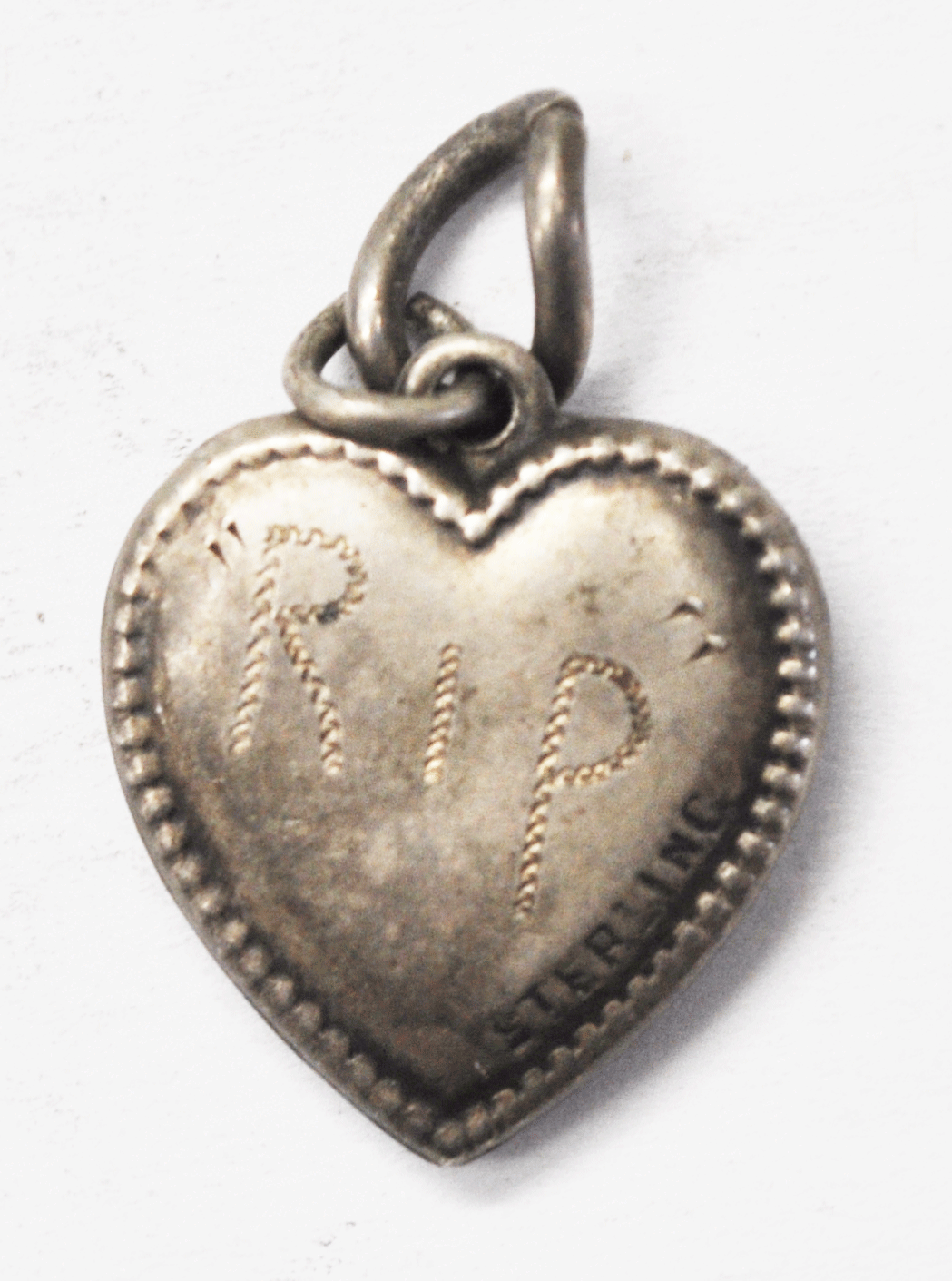Antique Sterling Silver Dot Beaded Leaf Puffy Heart Charm 19mm x 15mm