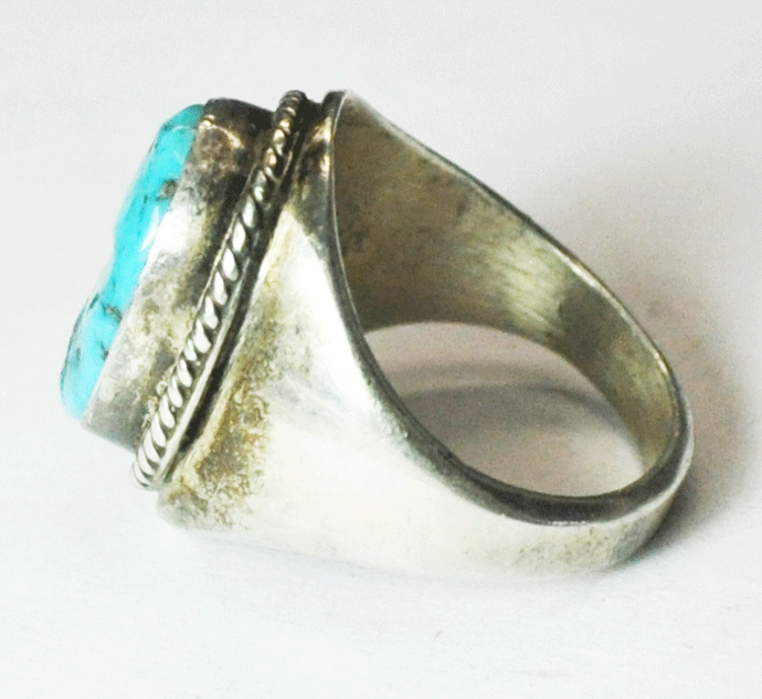 Sterling Silver Oval Turquoise Chunk Longhorn Signed Ring 25mm Size 12-1/4