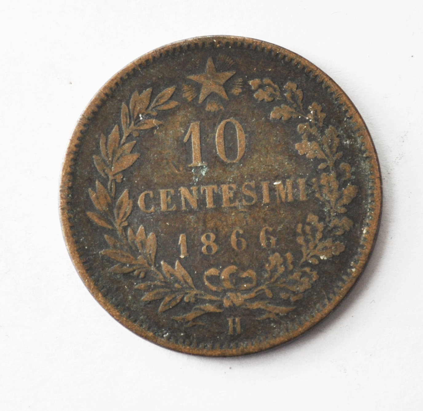 1866 H Italy 10 Ten Centesimi Copper Coin KM# 11.3