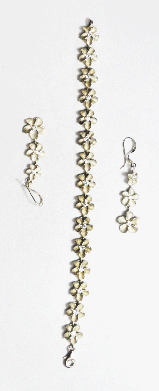Sterling Silver Signed K Flower CZ 2" Dangle Earrings 10mm Bracelet 7" 15.9g