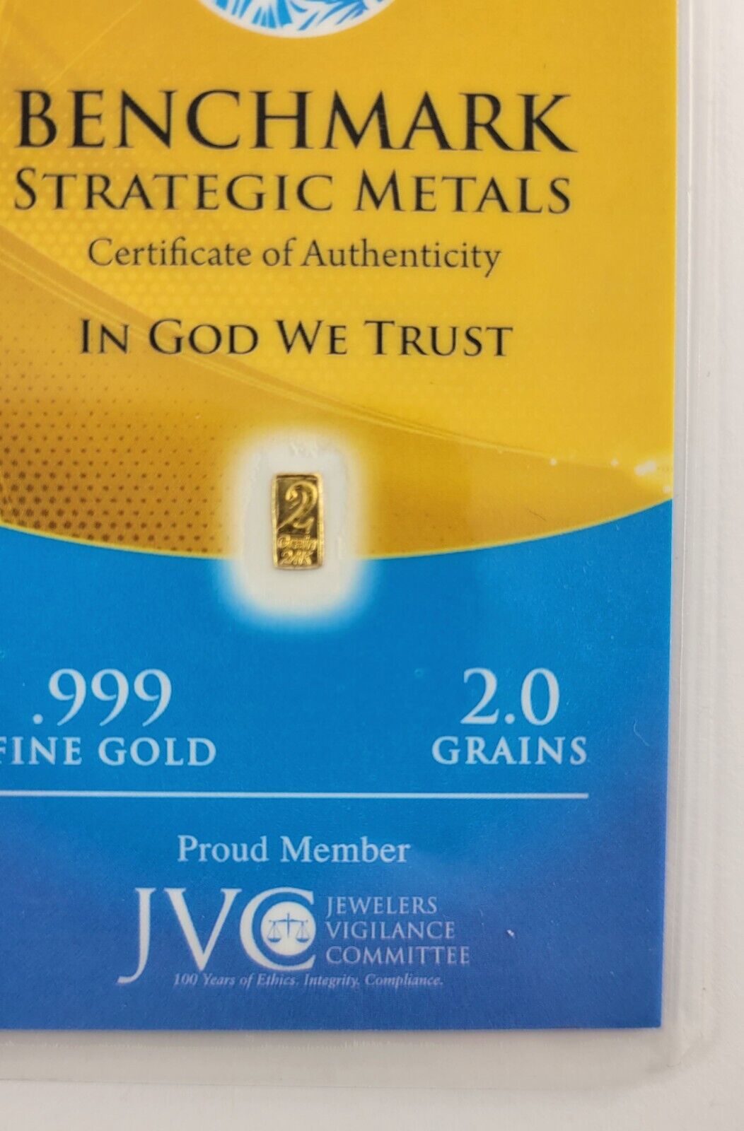 2 Grain .999 FINE GOLD BAR BENCHMARK STRATEGIC METALS Certified USA Sealed