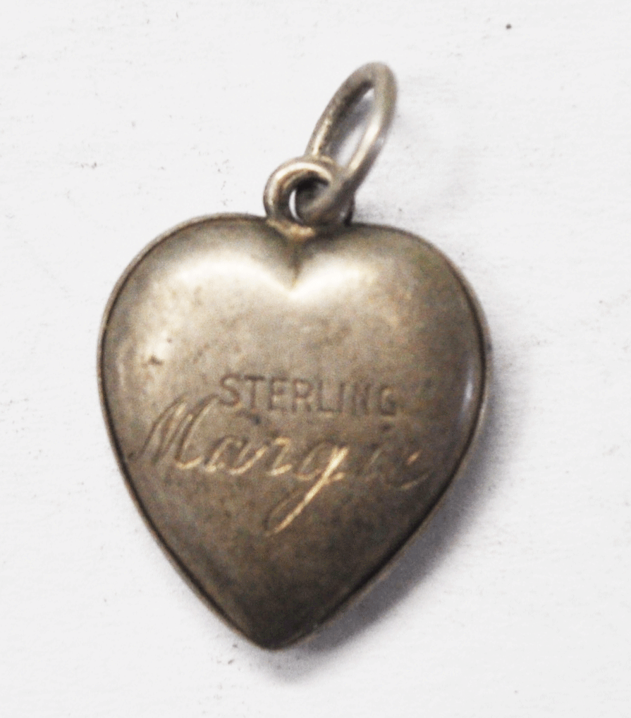 Antique Sterling Silver Floral Engraved Puffy Heart Charm 19mm x 15mm Mono