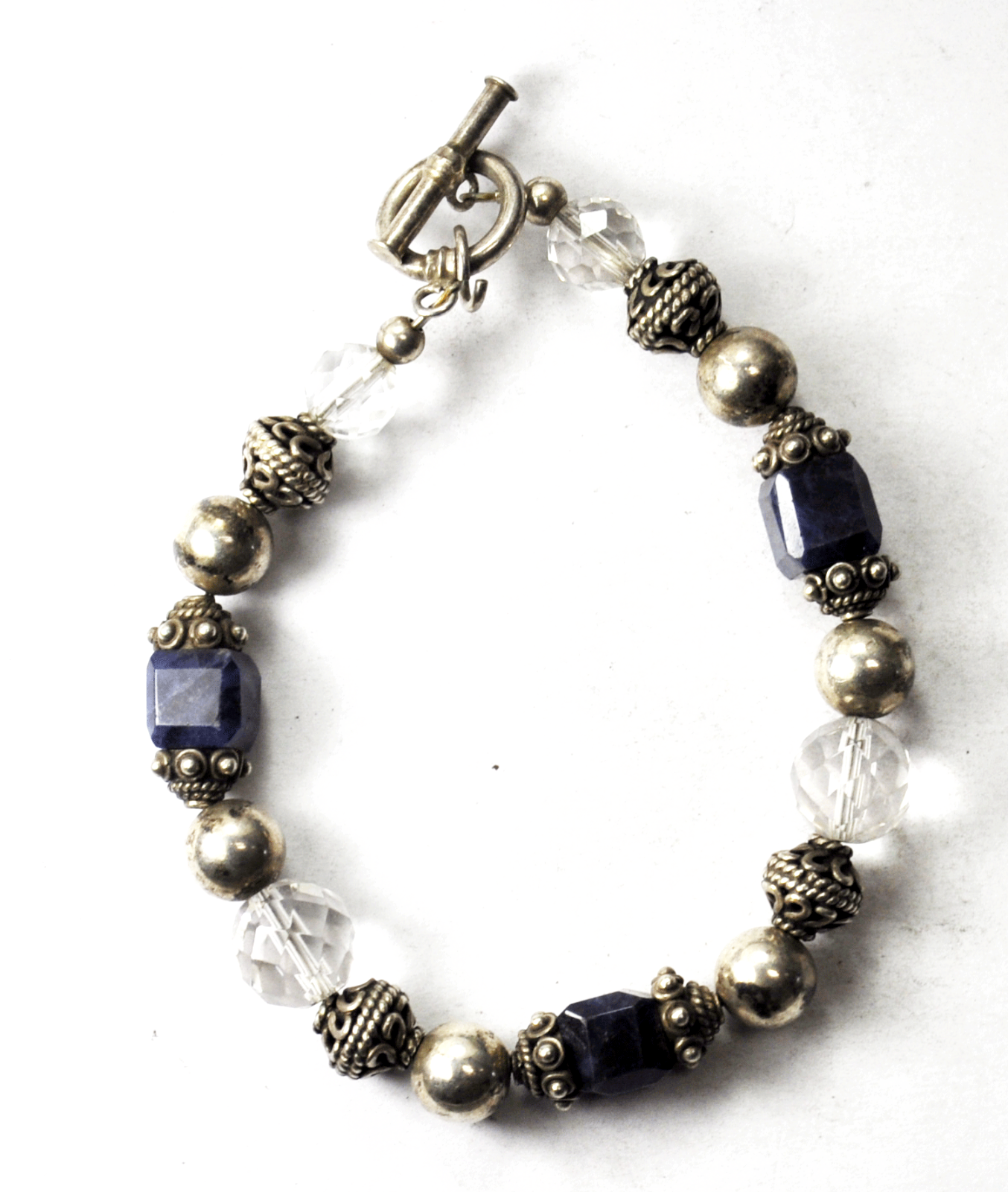 Silver Plated Blue Clear Bead Toggle Bracelet 8mm 7.5"