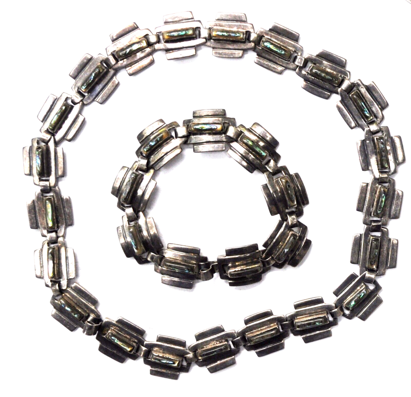 Sterling Silver Taxco JC Abalone Stripe 7" Bracelet & 15.5" Necklace 15mm