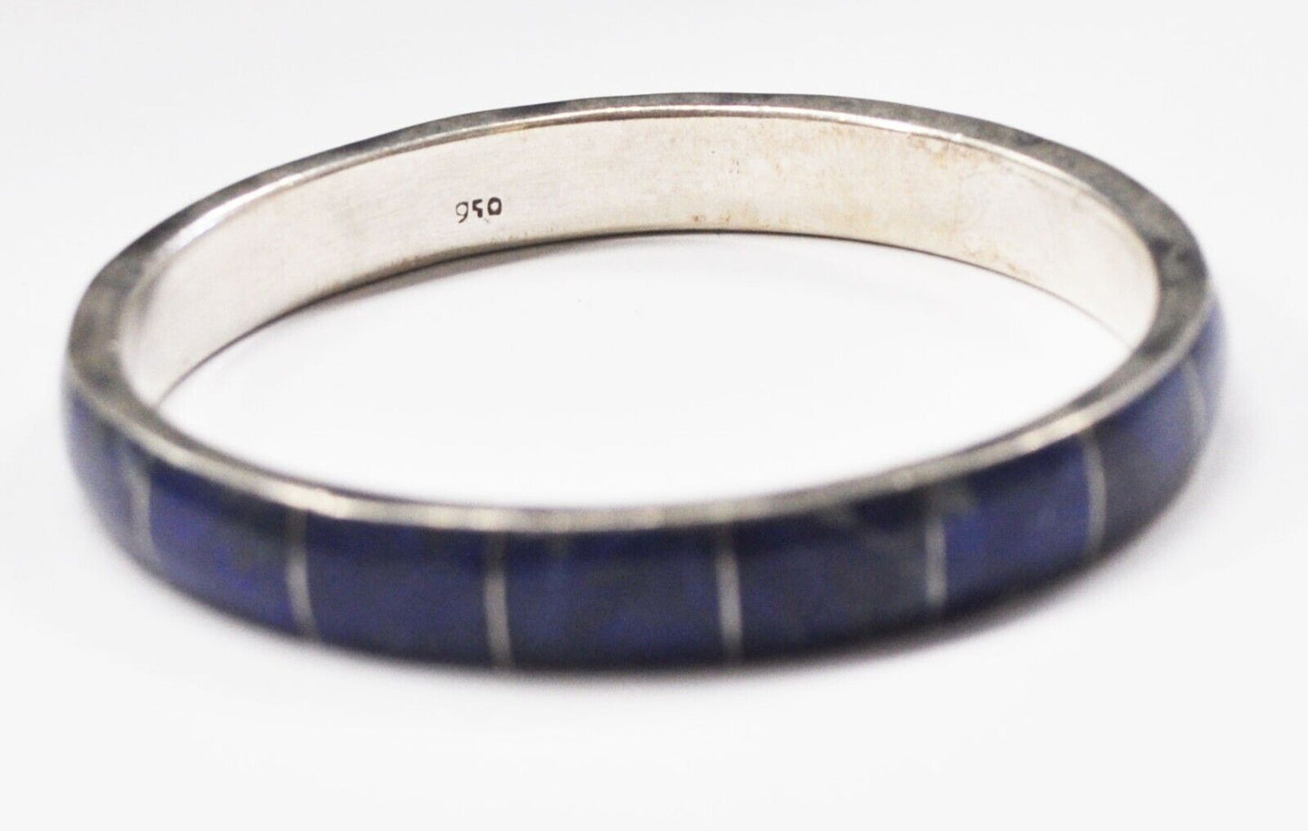 950 Silver Blue Lapis Inlay Round Bangle Bracelet 10mm 2-1/2"
